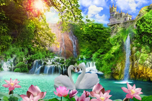 Doğanın pitoresk arka planında bir göldeki kuğular şelaleler şato çiçekleri su zambakları üç boyutlu duvar kağıtları