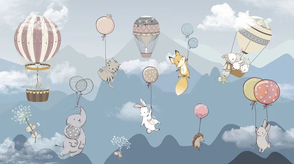 Cute animals on the background of mountains on balloons and balloons wallpaper fox hares elephant hedgehog cat