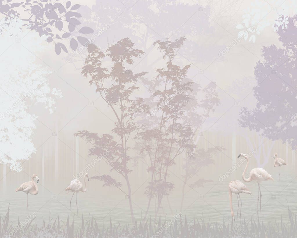 forest clearing with flamingos and delicate light trees on a pink background