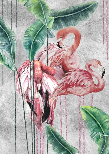 Gri arkaplanda pembe flamingolar. Egzotik boya izleri.