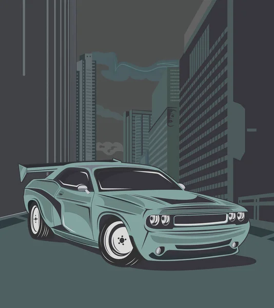 Kasvetli bir şehrin arka planında yeşil bir araba