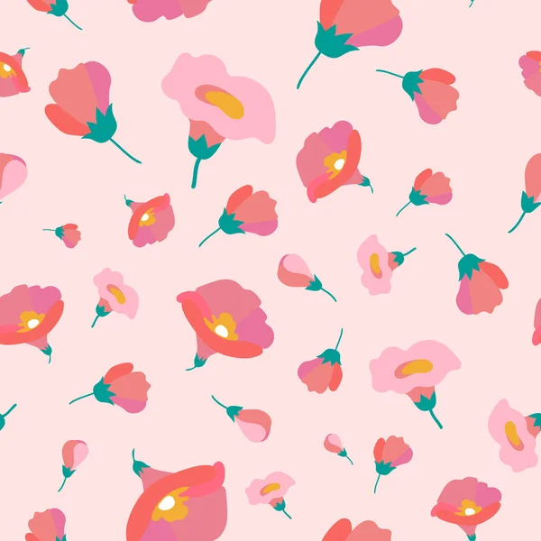 Çiçeksiz sanat vektörü deseni. Açık pembe arka planda pembe mallow ve haşhaş. İzole vektör pastel çiçekleri
