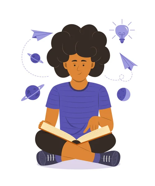 Çocuk kitap okuyor ve hayal ediyor..