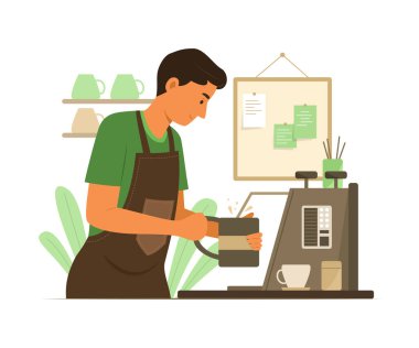 Kafede kahve yapan barista..