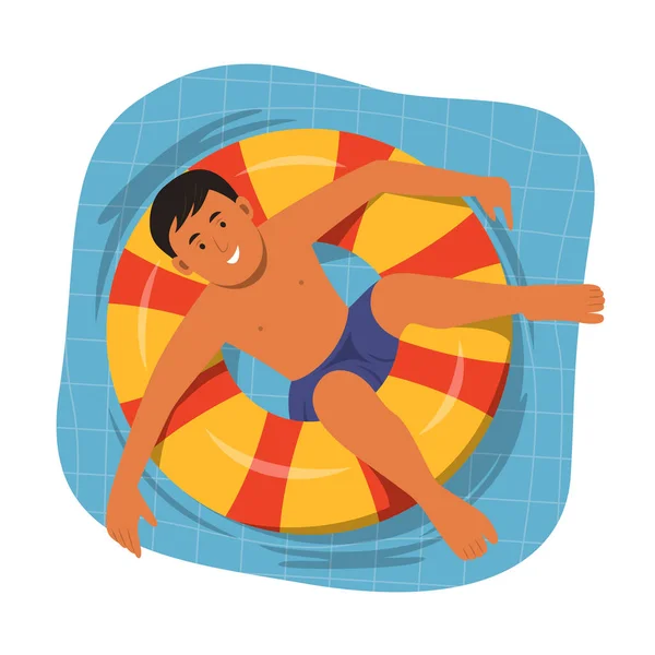 Boy Floating Inflatable Ring Swimming Pool — Stock Vector