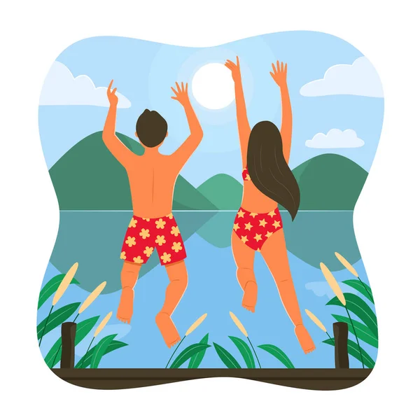 Man Woman Jumping Lake — Stock Vector