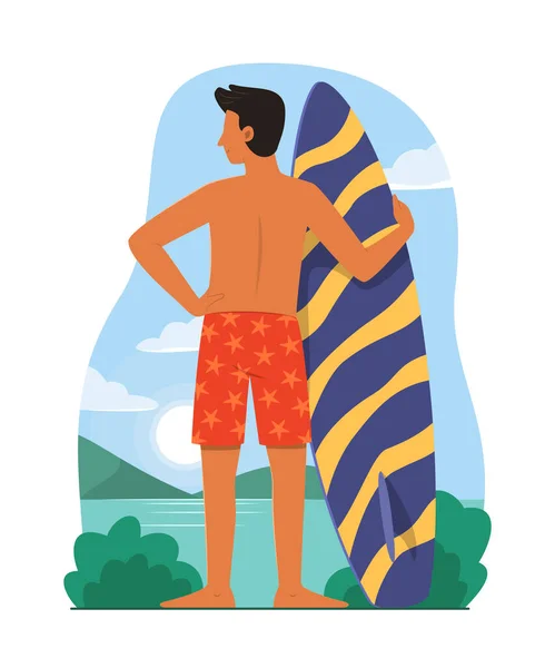 Jeune Homme Tenant Une Planche Surf Plage — Image vectorielle