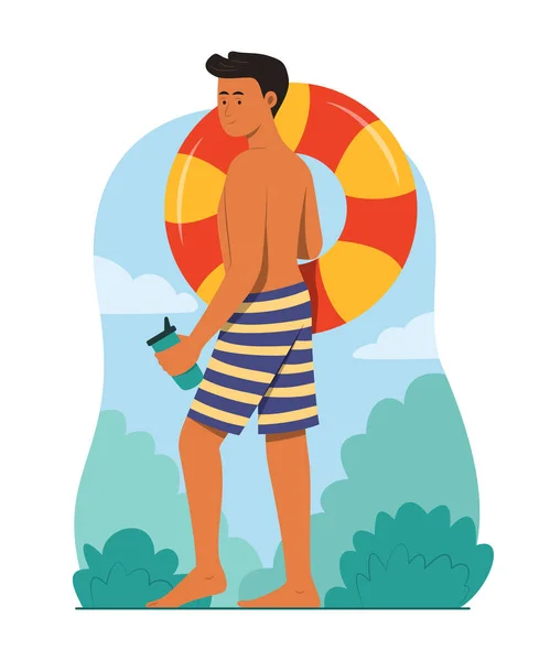 Young Man Holding Inflatable Ring Enjoy Summer Activity — Stock Vector