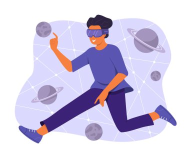 Man Wearing the Virtual Reality Headset and Enjoy Watching the Cosmic Simulation.