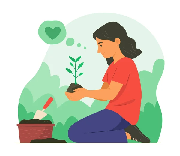 Girl Planting Sapling Plant Garden — Archivo Imágenes Vectoriales