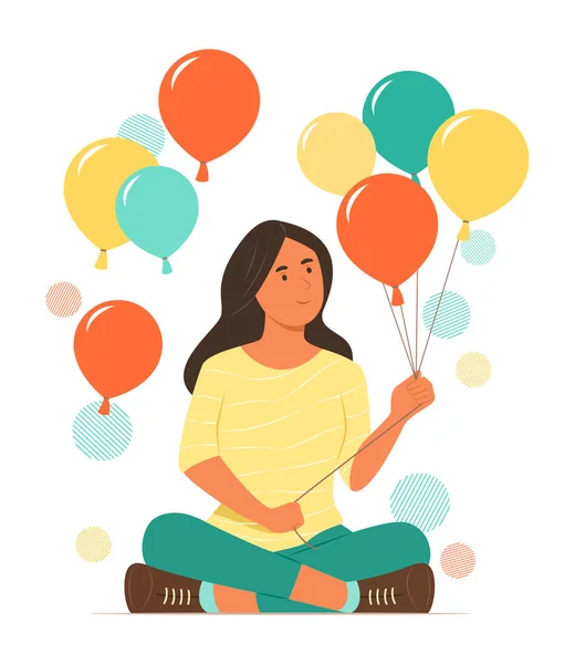 Young Woman Sitting Holding Colorful Balloons Festive Concept Illustration — Archivo Imágenes Vectoriales