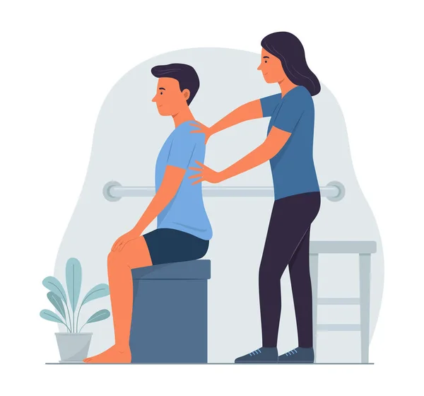 Physiotherapist Doctor Rehabilitates Male Patient — Stock Vector