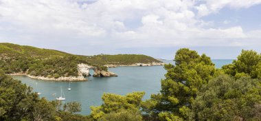 San Felice, Vieste 'nin panoramik manzarası. Denizde kayalar, ağaçlar ve bitki örtüsü, tekneler. İtalya 'nın Puglia kentindeki Gargano' da tatil kavramı.