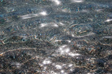 Çakıl taşı tabanlı şeffaf deniz suyunun arka planı. Güneşin suyun üzerindeki yansımaları..