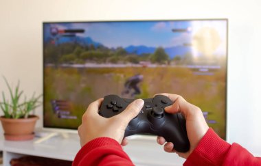 Erkek eller televizyona karşı oyun konsolunu tutuyor ve evde konsol oyunu oynuyor. Oyun, hafta sonu eğlence konsepti