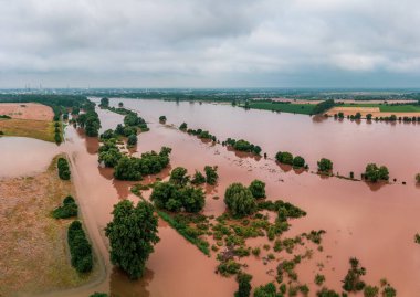 Flood on the river Rhine near Dusseldorf, Germany.   Drone photography.