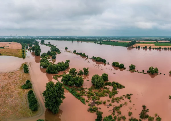 Flood on the river Rhine near Dusseldorf, Germany.   Drone photography.