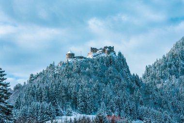 Avusturya 'daki Ehrenberg' in ortaçağ şatosunun manzarası. Kış manzarası. 