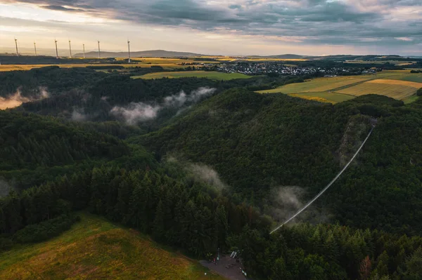 Panoramiczny Widok Most Wiszący Geierlay Całej Długości Niemcy Zdjęcia Dronów — Zdjęcie stockowe