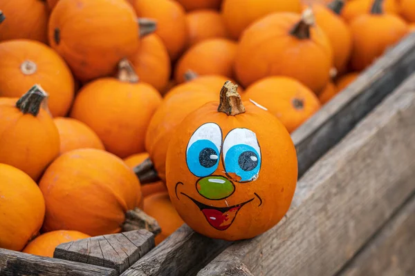 Pumpkin face on a crate full of pumpkins