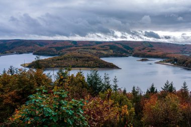 Almanya 'nın Eifel Milli Parkı' ndaki Rur Gölü 'nün panoramik manzarası