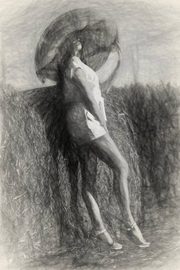 Siyah beyaz çizim. Mısır tarlasında yaz şapkalı güzel bir kadın..