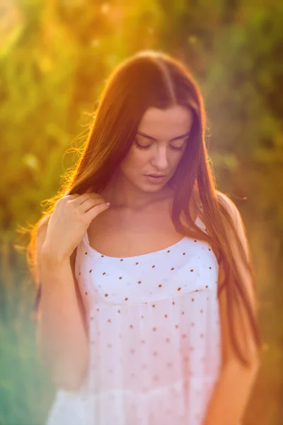 Young Beautiful Woman White Dress Corn Field Surreal Blurry Portrait — Stock Photo, Image
