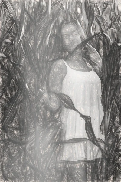 Young Beautiful Woman White Dress Corn Field Black White Sketch — Stock Photo, Image