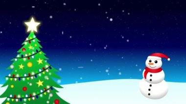 Animasyon kardan adam ve çam ağacıyla Noel gecesi gökyüzü