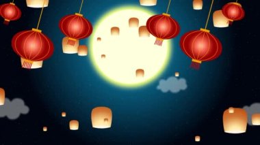 Swinging Chinese lanterns and floating lanterns on the moon sky