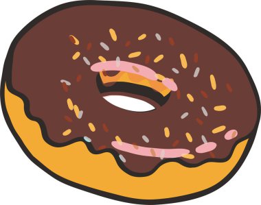 Broen donut on a white background. Cute, colorful and glossy donut with glaze and powder. Yellow, pink and vanilla glaze. Simple modern design. Realistic vector illustration