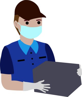 Delivery boy with a box in a face mask with gloves , delivery service , Order, Fast Shipping, Flat Line Art Vector 