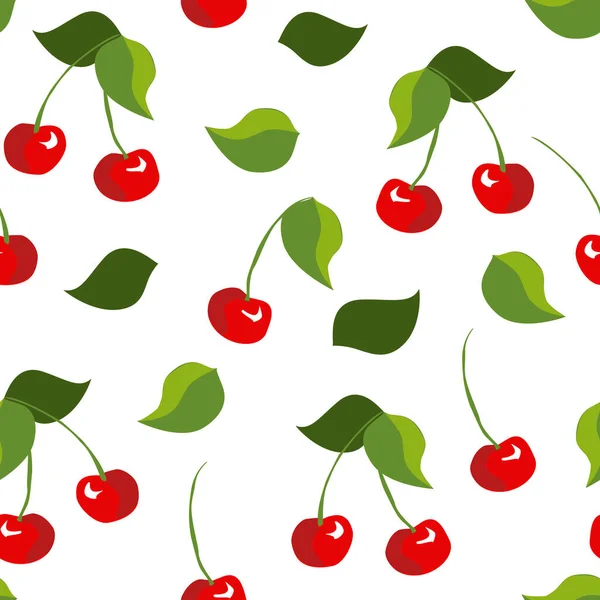 Seamless Cherry Fruit Green Leaves White Background Vector Illustration Textile — Stock Vector