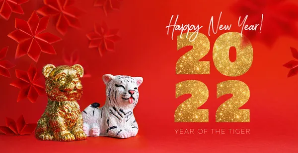 Kinesiska Nyår 2022 Tiger Zodiac Symbolen Röd Bakgrund — Stockfoto