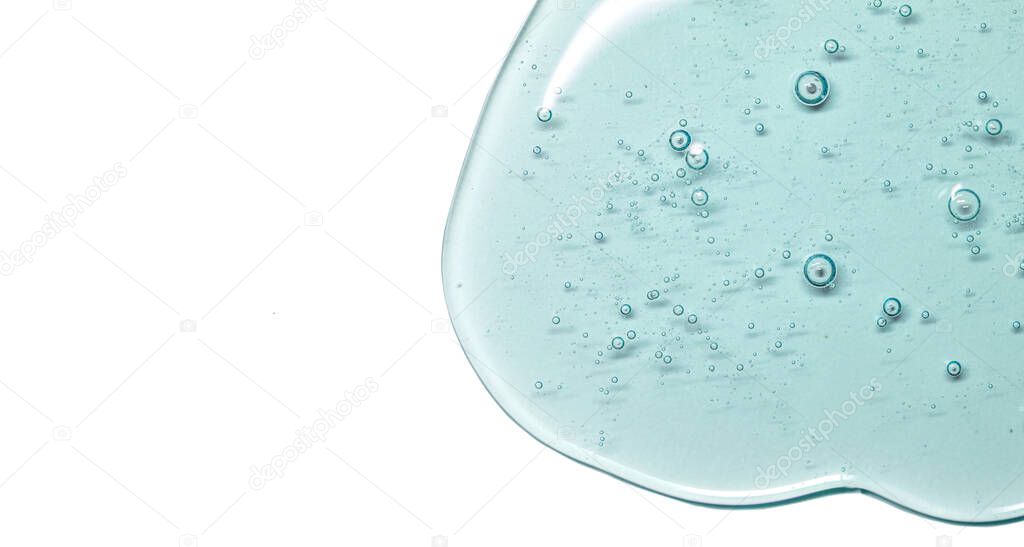 big size macro photo blue gel texture with bubbles. Serum for skin. Clear cosmetic liquid gel swatch isolated on white background, banner format isolated with free space for text