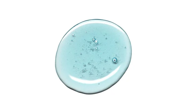 Macro foto azul textura gel com bolhas. Soro de pele. Swatch gel líquido cosmético transparente isolado em fundo branco, formato banner isolado com espaço livre para texto — Fotografia de Stock