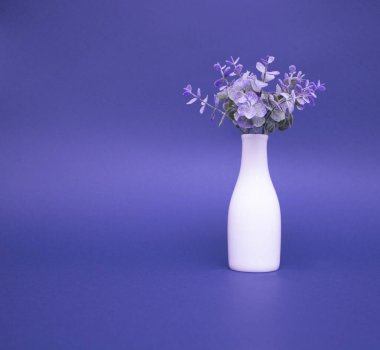 Mavi arka planda mor çiçekli beyaz vazo. Metin yazmak için saf renkler.