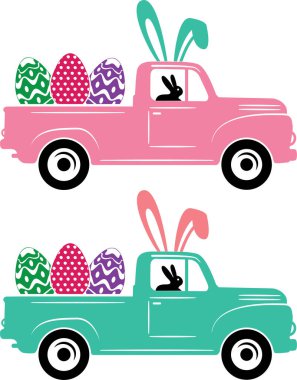 Easter Truck With Rabbit 2, Spring, Easter, Tulips Flower, Happy Easter Vector Illustration File