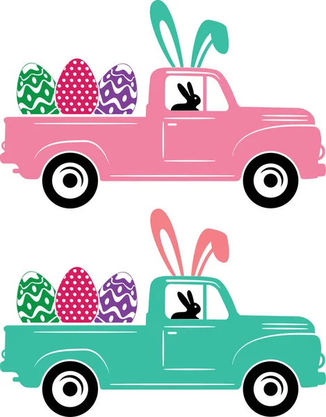 Пасхальный Грузовик Кроликом Весна Пасха Цветок Тюльпанов Счастливая Пасхальная Векторная — стоковый вектор
