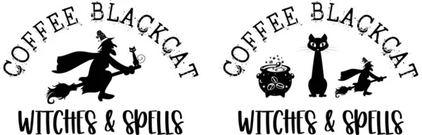 Coffee Black Cats Witches Spells Halloween Truck Happy Halloween Vector — стоковий вектор