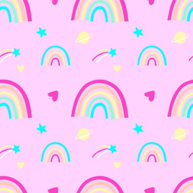 Renkli gökkuşağı arkaplanı, kalpleri ve yıldızları olan pürüzsüz desen