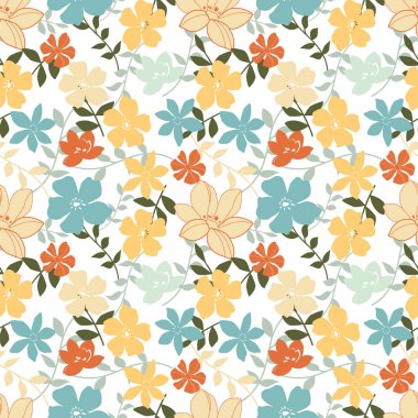 Beyaz arka planda modern yaprakları ve çiçekleri olan geleneksel çiçek desenleri.