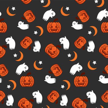 Halloween seamless pattern print with pumpkin and cute ghost doodle spooky character