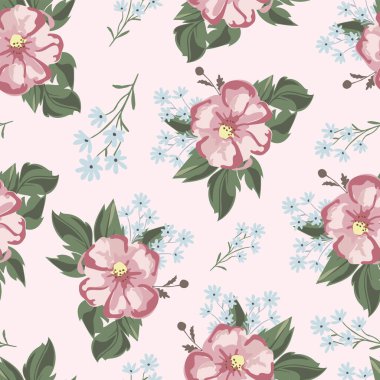 Seamless pattern surface design of vintage hand drawn flower with leaf and small flower bunch