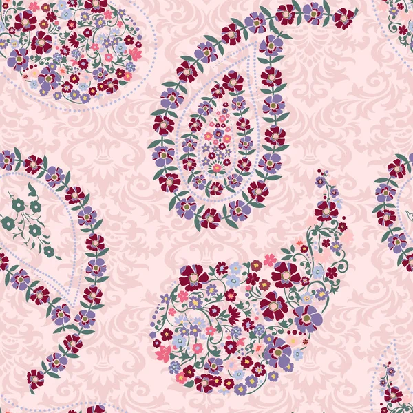 Paisley Forme Bouquet Fleurs Motif Sans Couture Avec Damassé Fond — Image vectorielle