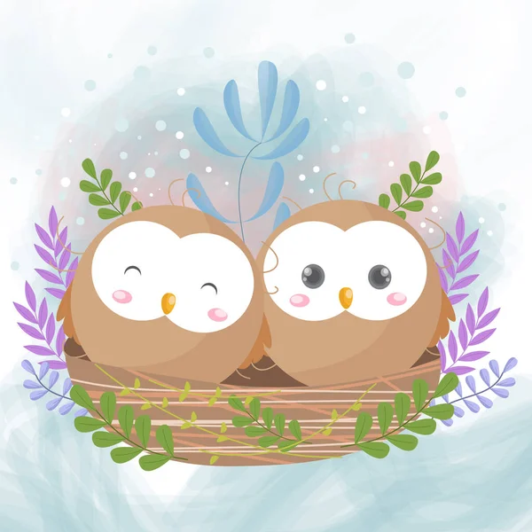 Draw Romantic Cute Couple Owls Watercolor — Stock Vector