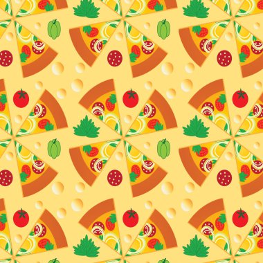 Domatesli, sosisli, zeytinli, soğanlı kusursuz vektörel pizza. Geleneksel İtalyan yemeği. Arkaplan, poster, kağıt, duvar kağıdı, ambalaj, kumaş için.