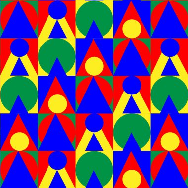  Renkli daireler ve üçgenlerden oluşan kusursuz geometrik vektör deseni. Arkaplan, kumaş, duvar kağıdı, kağıt, kapak, tekstil için.