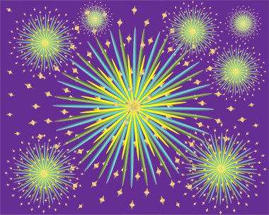  Gece gökyüzünün mor arka planında parlak havai fişekler.