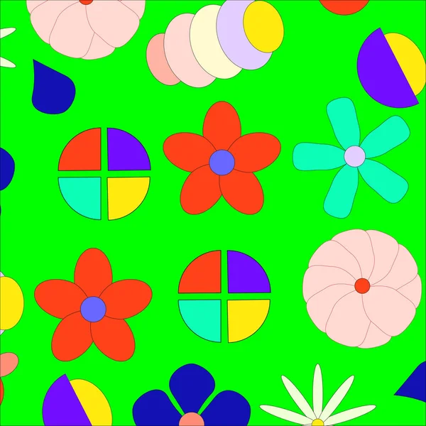 Nahtlose Vektormuster Blumen Und Spielzeug Auf Grünem Hintergrund — Stockvektor